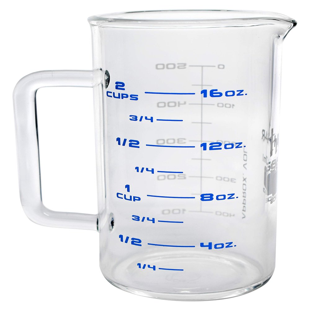 hBARSCI Industrial Beaker Mug, 500ml - Extra Heavy Duty 3.3 Borosilicate Glass - Tall Form, with Spout - Double Sided, Printed Graduations in Cups, Ounces & Milliliters