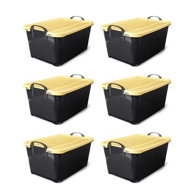 Life Story 6 Pack Heavy Duty Stackable Storage Bin, 55 Quart Home Organizer, Versatile Lightweight Locking Bins with Carrying Handles, Black/ Yellow