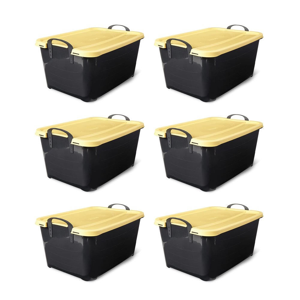 Life Story 6 Pack Heavy Duty Stackable Storage Bin, 55 Quart Home Organizer, Versatile Lightweight Locking Bins with Carrying Handles, Black/ Yellow