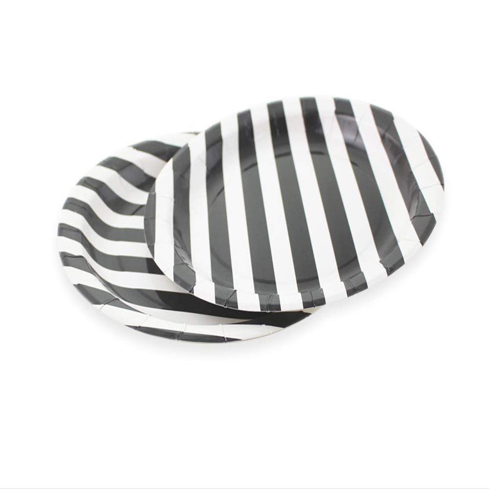 Dulousia Black Striped Paper Plates 36pcs - 9inch Round Party Plates for Dessert, Cakes, Fruits