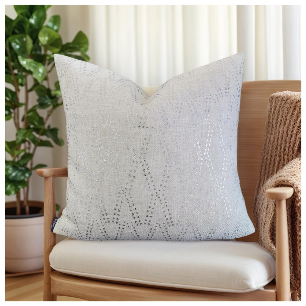 Silver Couch Throw Pillow Cover 1pc 20X20inch Ecru White Textural Linen Look Metallic Print Rhombus Wavy Geometric Decorative Pillowcase Christmas Sofa Bed Accent Cushion Toss Pillow Shell 50x50cm