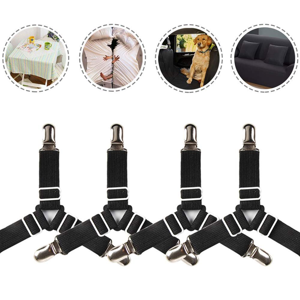 ENJOYGOUS Bed Sheet Holder Straps Adjustable Triangle Sheet Straps Fitted Sheet Straps Suspenders Fastener Grippers Corner for King Queen Twin Size, Mattress Covers, Sofa Cushion (Black, 4 Pack)