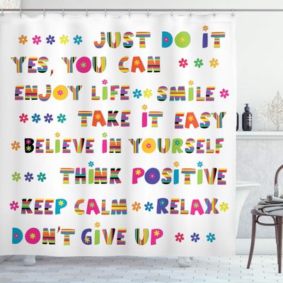 Ambesonne Colorful Shower Curtain, Slogans with Cheerful Funny Typography Design with Daisy Blossoms, Cloth Fabric Bathroom Decor Set with Hooks, 69" W x 75" L, White Multicolor