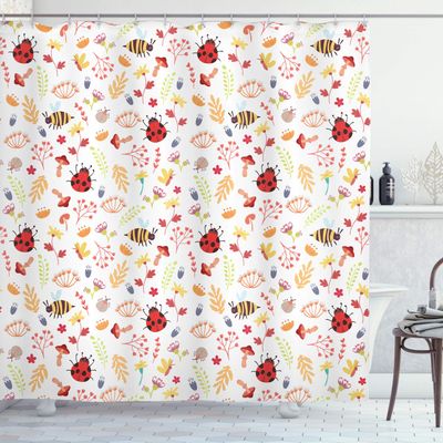 Ambesonne Bee Shower Curtain, Autumn Themed Doodle Pattern with Bugs Plants Herbs Flower Mushroom in The Forest, Cloth Fabric Bathroom Decor Set with Hooks, 69" W x 84" L, Dark Peach Vermilion