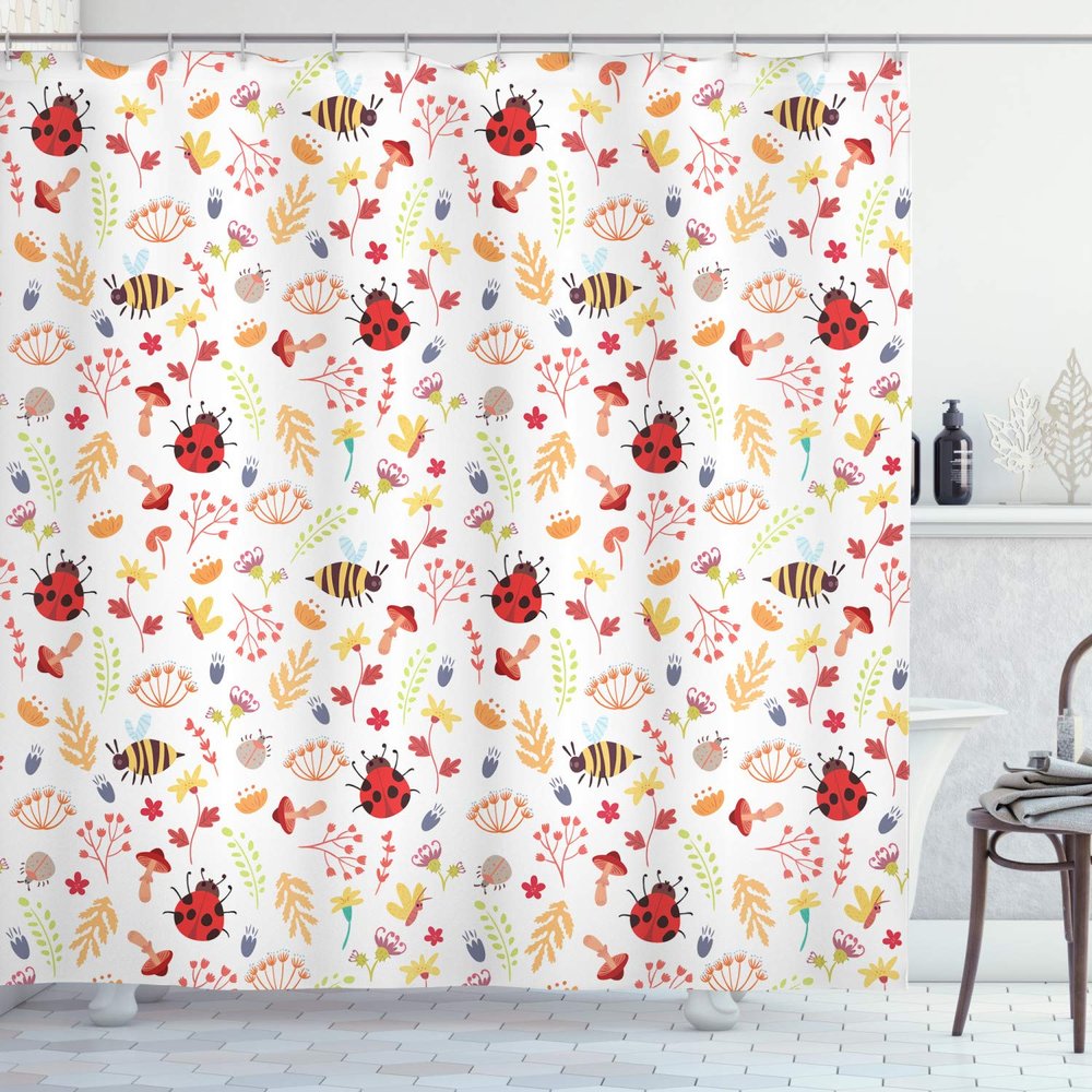 Ambesonne Bee Shower Curtain, Autumn Themed Doodle Pattern with Bugs Plants Herbs Flower Mushroom in The Forest, Cloth Fabric Bathroom Decor Set with Hooks, 69" W x 84" L, Dark Peach Vermilion