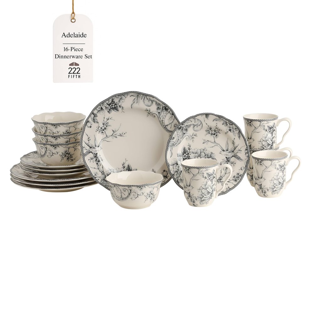 222 Fifth Adelaide 16-Piece Casual Grey Porcelain Dinnerware Set  Service for 4, Classic Toile Bird & Floral Design, Microwave & Dishwasher Safe, for Everyday Dining & Entertainment