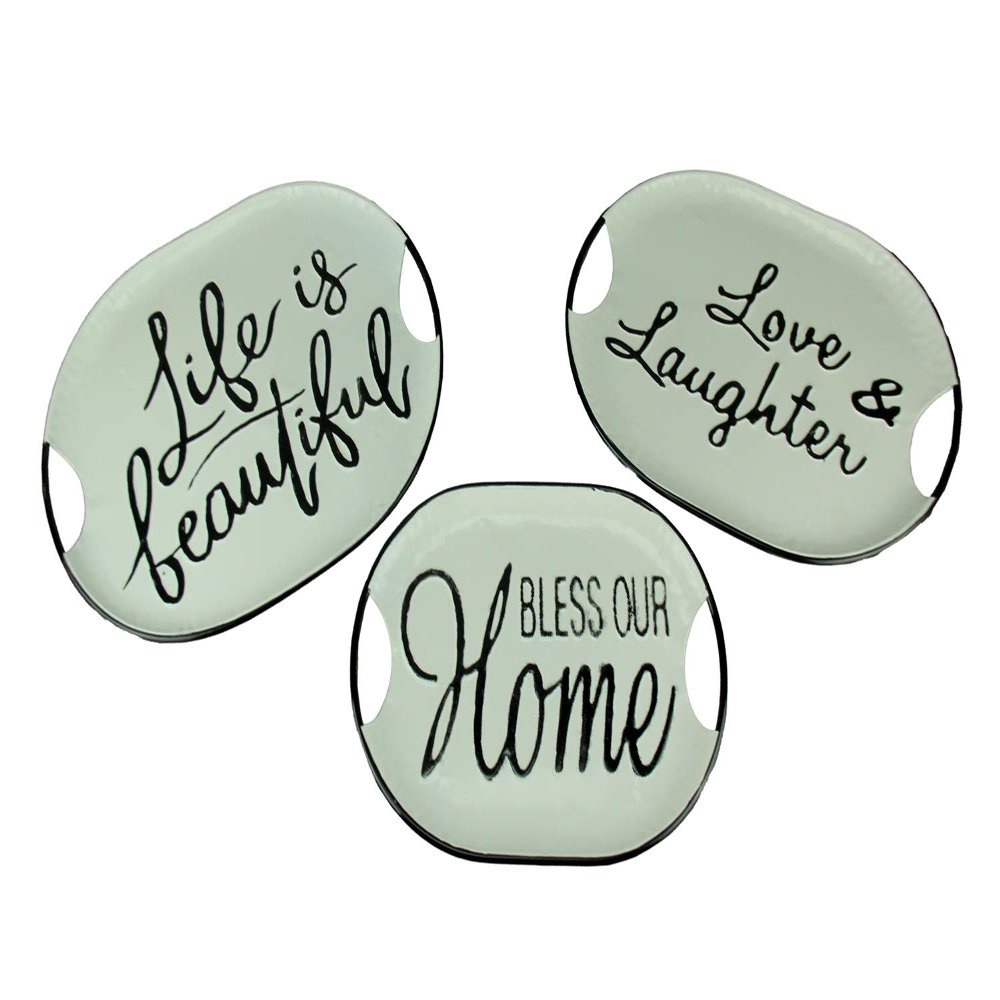 Black and White Decorative Metal Trays with Life Love and Home Wording Set of 3