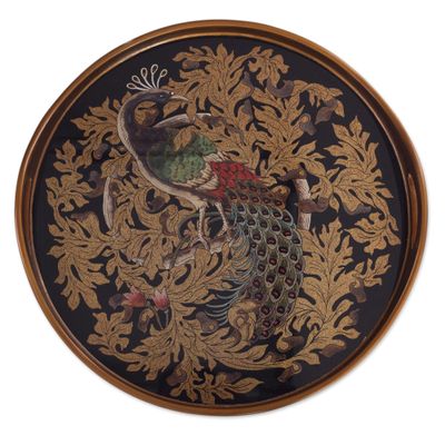 NOVICA Peacock Glass Hand Crafted Tray, Multicolor, 'Mystic Peacock'