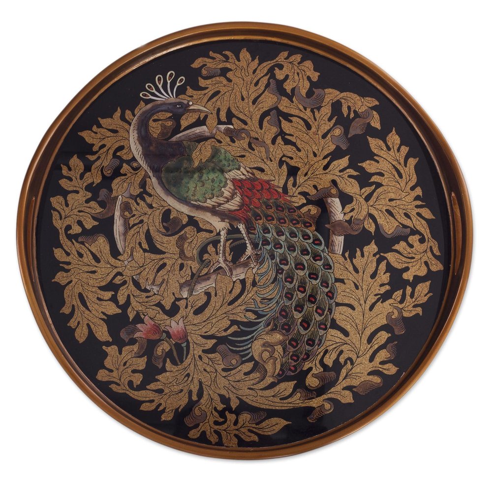 NOVICA Peacock Glass Hand Crafted Tray, Multicolor, 'Mystic Peacock'