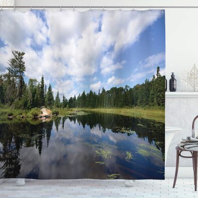 Ambesonne Minnesota Shower Curtain, Landscape of Wild Virgin Nature of Thick Forests and Cloud Reflections on River, Cloth Fabric Bathroom Decor Set with Hooks, 69" W x 84" L, Green and Blue