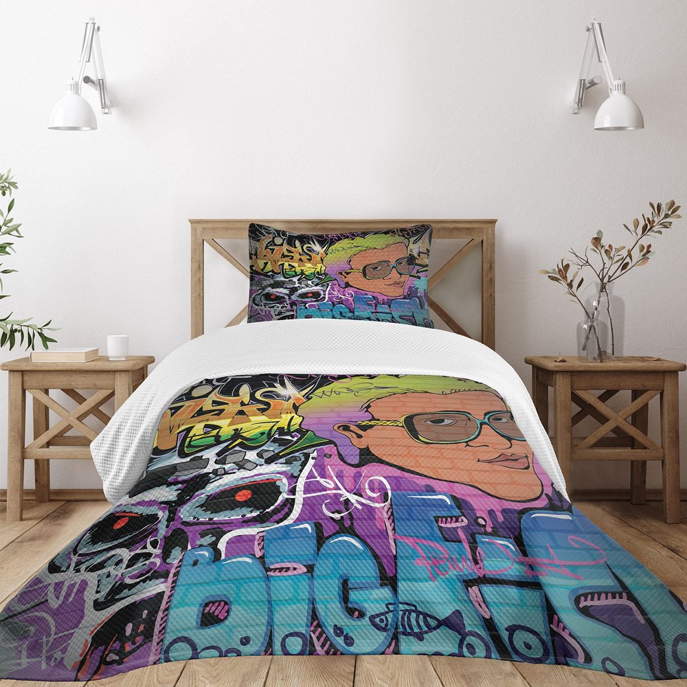 Ambesonne Urban Graffiti Bedspread Set, Hip Hop Design Graffiti Wall Urban Art Background Man Head Detail, 3 Piece Decorative Bedding Coverlet and 2 Pillow Shams, Twin Size, Purple