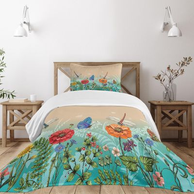 Ambesonne Spring Bedspread Set, Flourishing Nature Illustration with Butterflies and Dragonflies Colorful Pattern, 3 Piece Decorative Bedding Coverlet and 2 Pillow Shams, Twin Size, Tan Blue