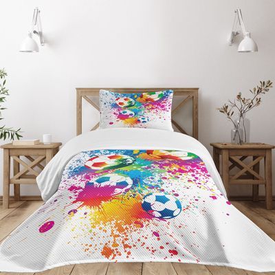 Ambesonne Soccer Bedspread Set, Colored Splashes All Over Soccer Balls Score World Cup Championship Athletic, 3 Piece Decorative Bedding Coverlet and 2 Pillow Shams, Twin Size, Blue Rainbow