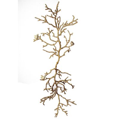 Benjara Branch Shape Aluminum Wall Dcor with Four Bird Accents, Gold