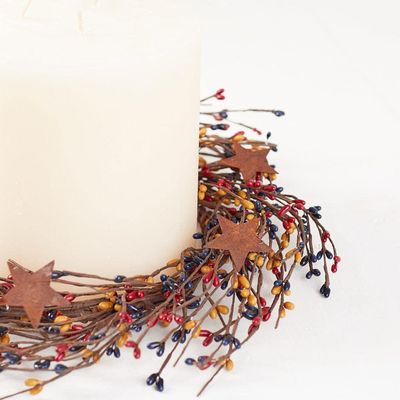 Artificial Colonial Americana Pip Berry Wreath with Rusty Stars Primitive Summer Rustic Berry Wreath Ring for Farmhouse Home Decor, Entryway Doors or Centerpiece Decorations (Size: 12" diam)