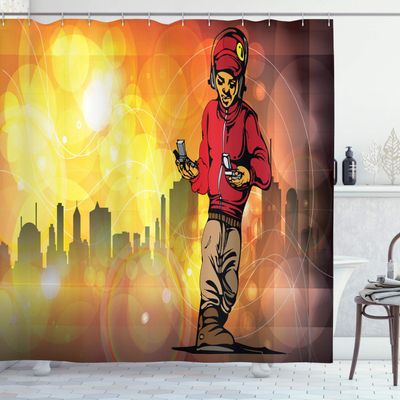Ambesonne Hip Hop Shower Curtain, Rap Music and Dance Themed Image a Rapper Guy City Skyline Background, Cloth Fabric Bathroom Decor Set with Hooks, 69" W x 75" L, Marigold Ruby