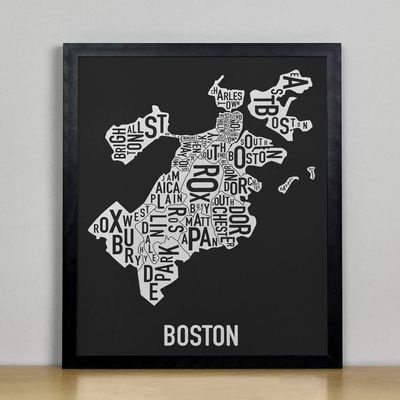 Framed Boston Neighborhoods Map Art Screen Print, Black & White, 11" x 14" in Black Frame