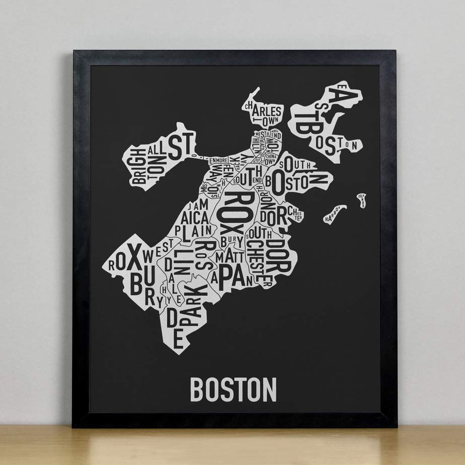 Framed Boston Neighborhoods Map Art Screen Print, Black & White, 11" x 14" in Black Frame