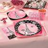 Perfectly Pink Paris Party Kit for 8 Guests (57 piece set) Plates, Cups, Napkins and Tablecloth view 1