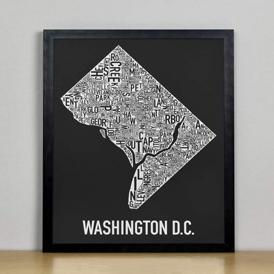 Framed Washington DC Neighborhoods Map Art Screen Print, Black & White, 11" x 14" in Black Frame