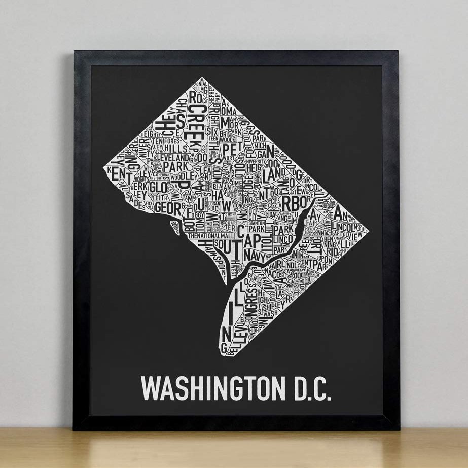 Framed Washington DC Neighborhoods Map Art Screen Print, Black & White, 11" x 14" in Black Frame