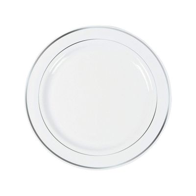 Fun Express White Plastic Dinner Plates with Silver Trim - Silver Trim Plastic Dinner Dessert Disposable Plates - Tableware Decorations for Birthday Wedding Christmas - Party Supplies - 25 Pieces