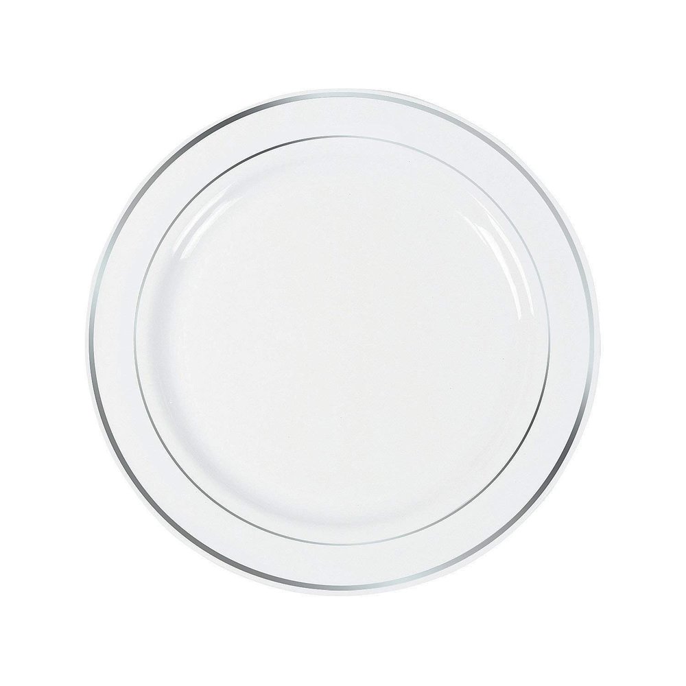 Fun Express White Plastic Dinner Plates with Silver Trim - Silver Trim Plastic Dinner Dessert Disposable Plates - Tableware Decorations for Birthday Wedding Christmas - Party Supplies - 25 Pieces
