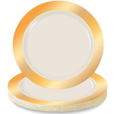 Fun Express Premium Ivory Plastic Dessert Plates with Gold Trim- Elegant Disposable Dinnerware Set for Weddings and Parties - 25 Pieces