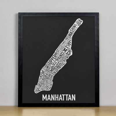 Framed Manhattan Neighborhoods Map Art Screen Print, Black & White, 11" x 14" in Black Frame