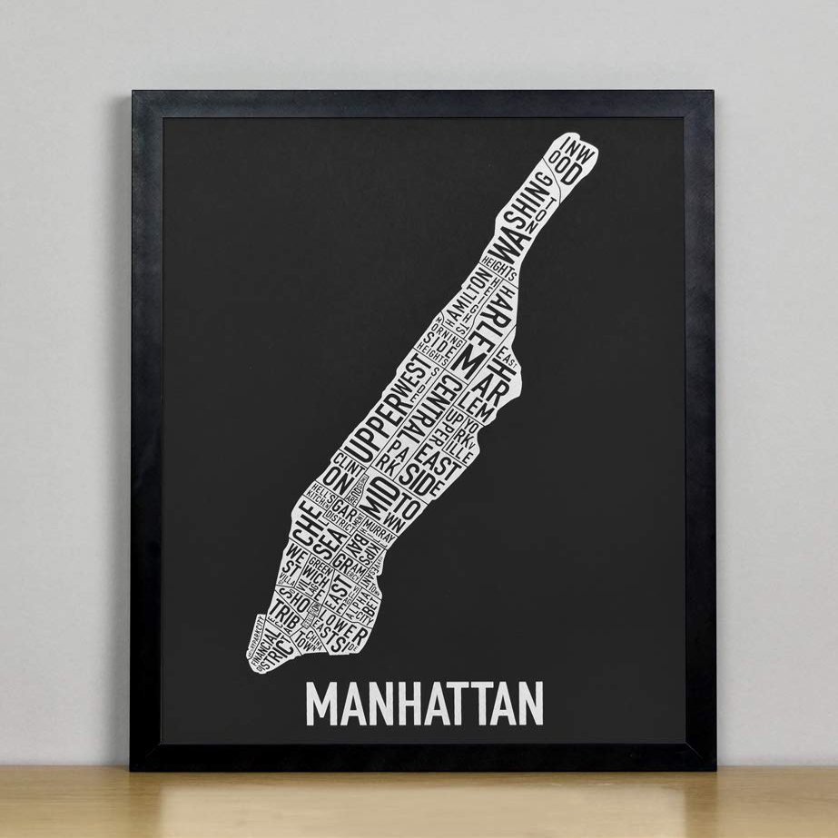Framed Manhattan Neighborhoods Map Art Screen Print, Black & White, 11" x 14" in Black Frame