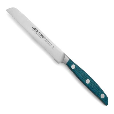 Arcos Forged Tomato Knife Serrated 5 Inch Nitrum Stainless Steel. Micarta Handle & Special Silk Edge and Silver Blade 130 mm blade. Series Brooklyn. Color Blue