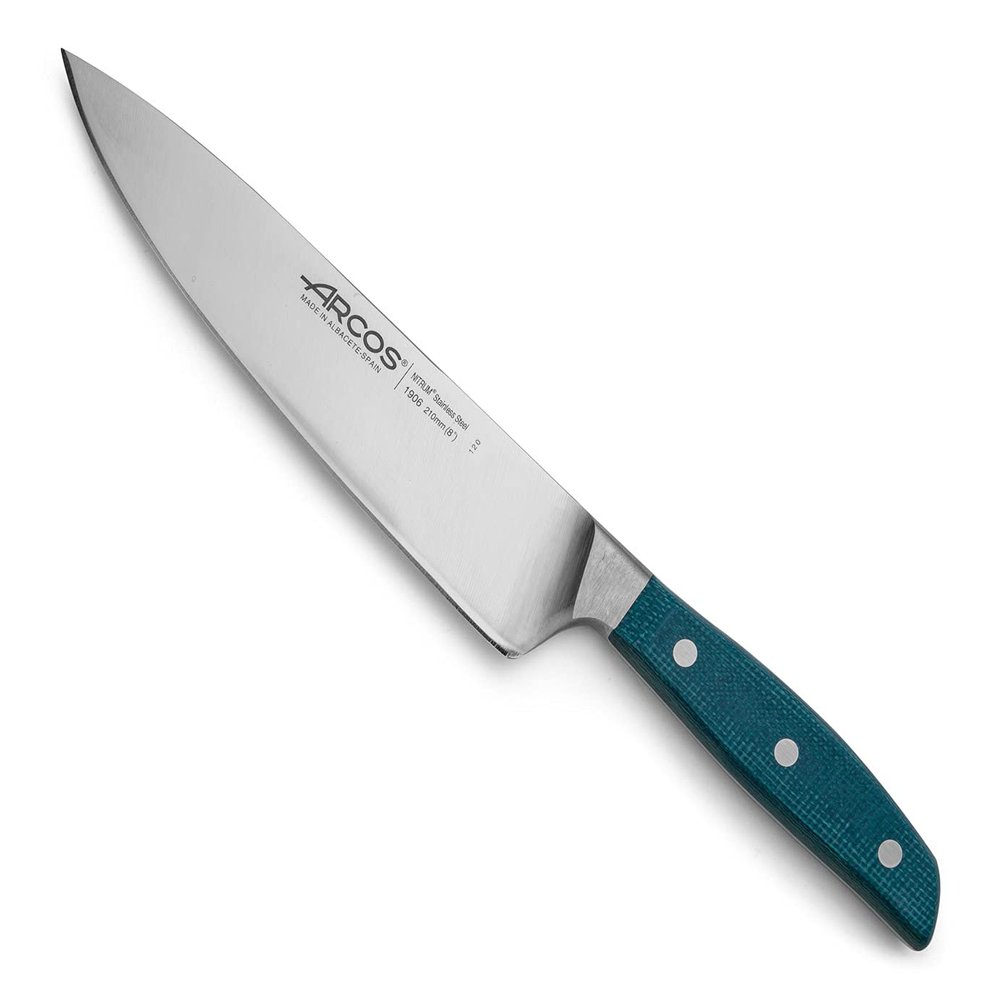 Arcos Forged Chef Knife in Stainless Steel. Professional 8 Inch Kitchen Knife with Micarta Blue Handle & Special Silk Edge. Series Brooklyn