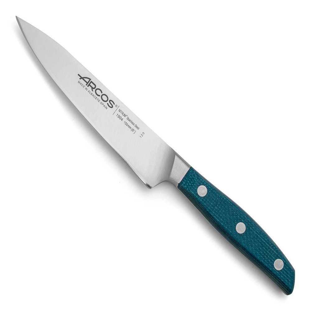 Arcos Forged Chef Knife Stainless Steel Size 6 Inch. Professional Micarta Handle & Special Silk Edge and Silver Blade 150 mm. Impress and Amaze with Every Cut. Series Brooklyn. Blue Color