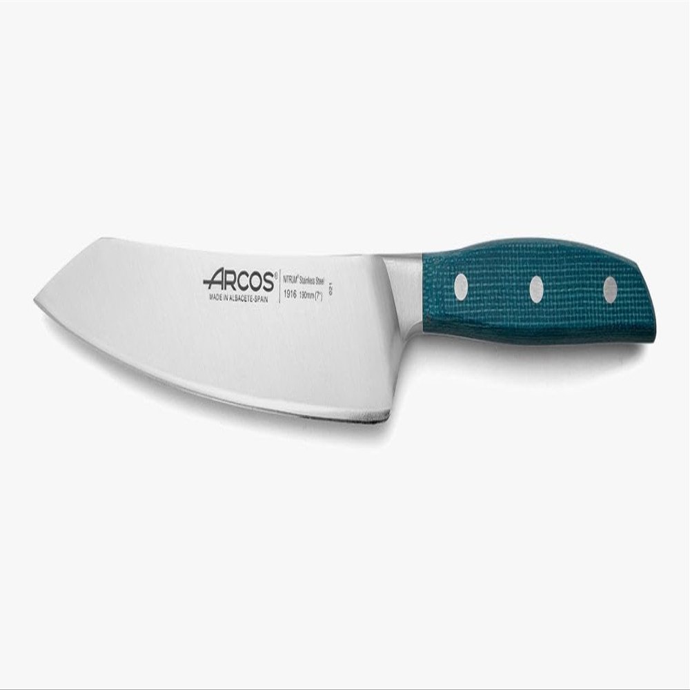 Arcos Forged Rocking Santoku Knife Stainless Steel 7 Inch. Micarta Handle & Special Silk Edge and Silver Blade 190 mm. Impress and Amaze with Every Cut. Series Brooklyn. Blue Color