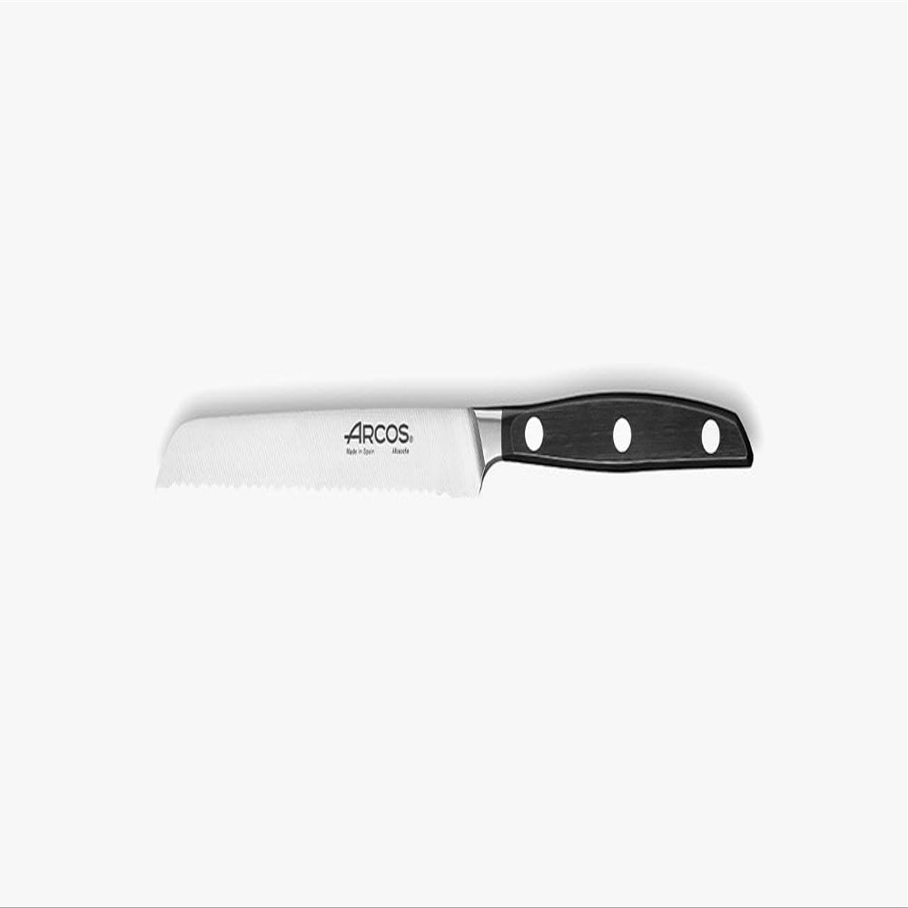 Arcos Forged Tomato Knife Serrated 5 Inch Stainless Steel. Ergonomic Polypropylene POM Handle & Special Silk Blade 130 mm. Series Manhattan. Blue Color. Impress and Amaze with Every Cut