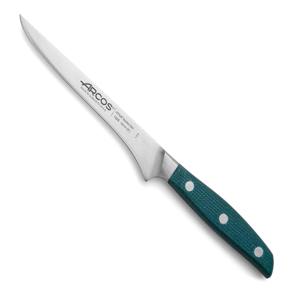 Arcos Forged Boning Knife in Nitrum Stainless Steel, Professional 6 Inch Butcher Knife for Removing Meat from Bones, Ergonomic Blue Handle, Brooklyn Series