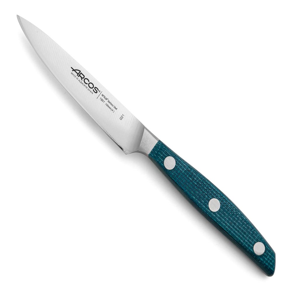 Arcos Paring Knife Stainless Steel Size 4 Inch. Impress and Amaze with Every Cut. Professional Micarta Handle & Special Silk Edge and Silver Blade 100 mm Series Brooklyn. Blue Color.