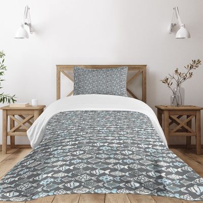 Ambesonne Fish Bedspread Set, Abstract Fishing Theme Watercolor Style Silhouette Species, 3 Piece Decorative Bedding Coverlet and 2 Pillow Shams, Twin Size, Pale Blue White Grey