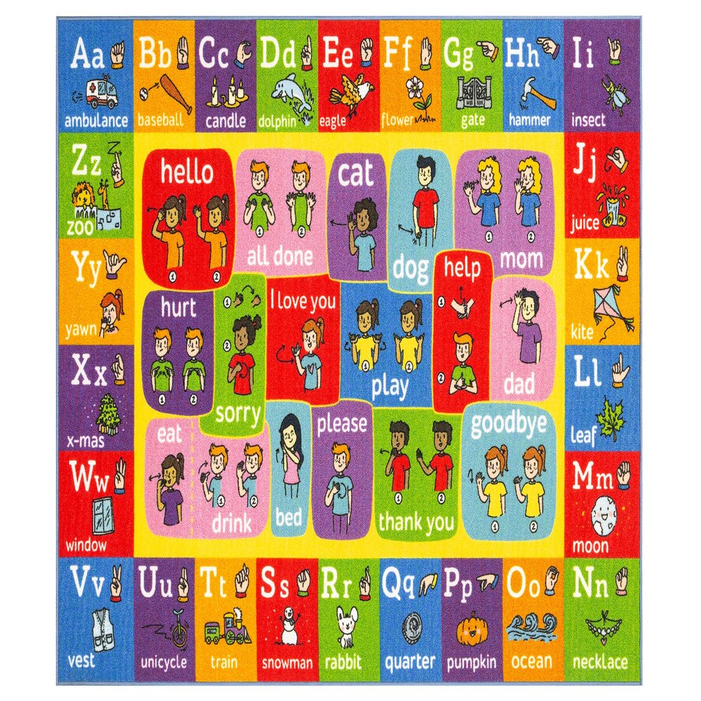 KC Cubs 8x10 ABC Alphabet ASL Sign Language Rug  Educational Non-Slip Carpet Play Mat for Kids, Toddlers, Nursery, Classroom, Playroom, Baby, Daycare