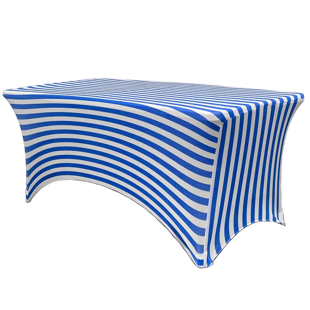 YOUR CHAIR COVERS - 6ft Royal Blue & White Striped Rectangular Spandex Table Covers Fitted Tablecloth for Wedding Event Patio Decorations Elastic Fabric Stretch for Folding Table