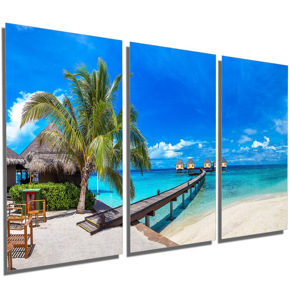 36 x 18 TOTAL - Tahiti Beach bungalows Metal Print wall art. 3 Panel split, Triptych. HD aluminum multi panel decor