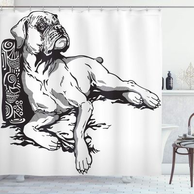 Ambesonne Boxer Dog Shower Curtain, Monochrome Illustration of an Animal Detailed Canine Hand Drawn, Cloth Fabric Bathroom Decor Set with Hooks, 69" W x 84" L, Charcoal Grey and White