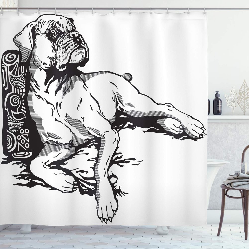 Ambesonne Boxer Dog Shower Curtain, Monochrome Illustration of an Animal Detailed Canine Hand Drawn, Cloth Fabric Bathroom Decor Set with Hooks, 69" W x 84" L, Charcoal Grey and White