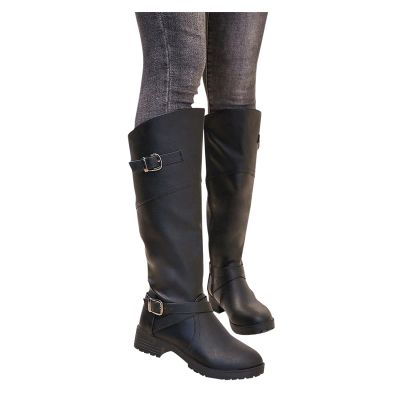 Bcshiye Women's Knee High Riding Boots Buckle Calf Boot Classic Round Toe Non-Slip Combat Knee High Boots for Women