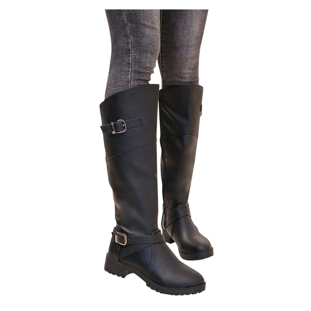Bcshiye Women's Knee High Riding Boots Buckle Calf Boot Classic Round Toe Non-Slip Combat Knee High Boots for Women