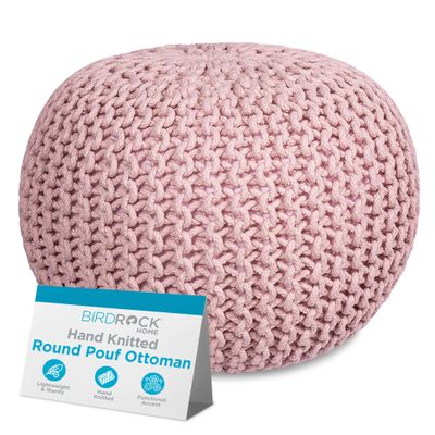 BIRDROCK HOME Round Pouf Ottoman | Cotton Braided Foot Stool with Bean Bag Filling | Boho Foot Rest for Living Room & Bedroom | Compact & Comfortable Seating, Lightweight & Soft | Dusty Rose