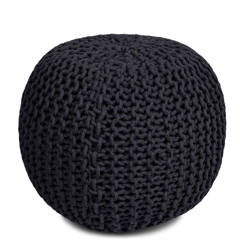 BIRDROCK HOME Round Pouf Ottoman | Cotton Braided Foot Stool with Bean Bag Filling | Boho Foot Rest for Living Room & Bedroom | Compact & Comfortable Seating, Lightweight & Soft | Charcoal