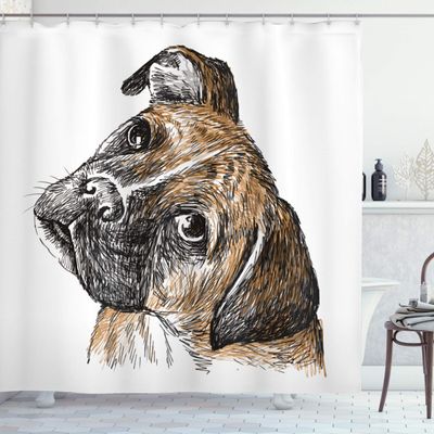 Ambesonne Boxer Dog Shower Curtain, Sketchy Hand-Drawn Image of a Puppy Furry Domestic Pet Animal, Cloth Fabric Bathroom Decor Set with Hooks, 69" W x 84" L, Pale Brown Seal Brown