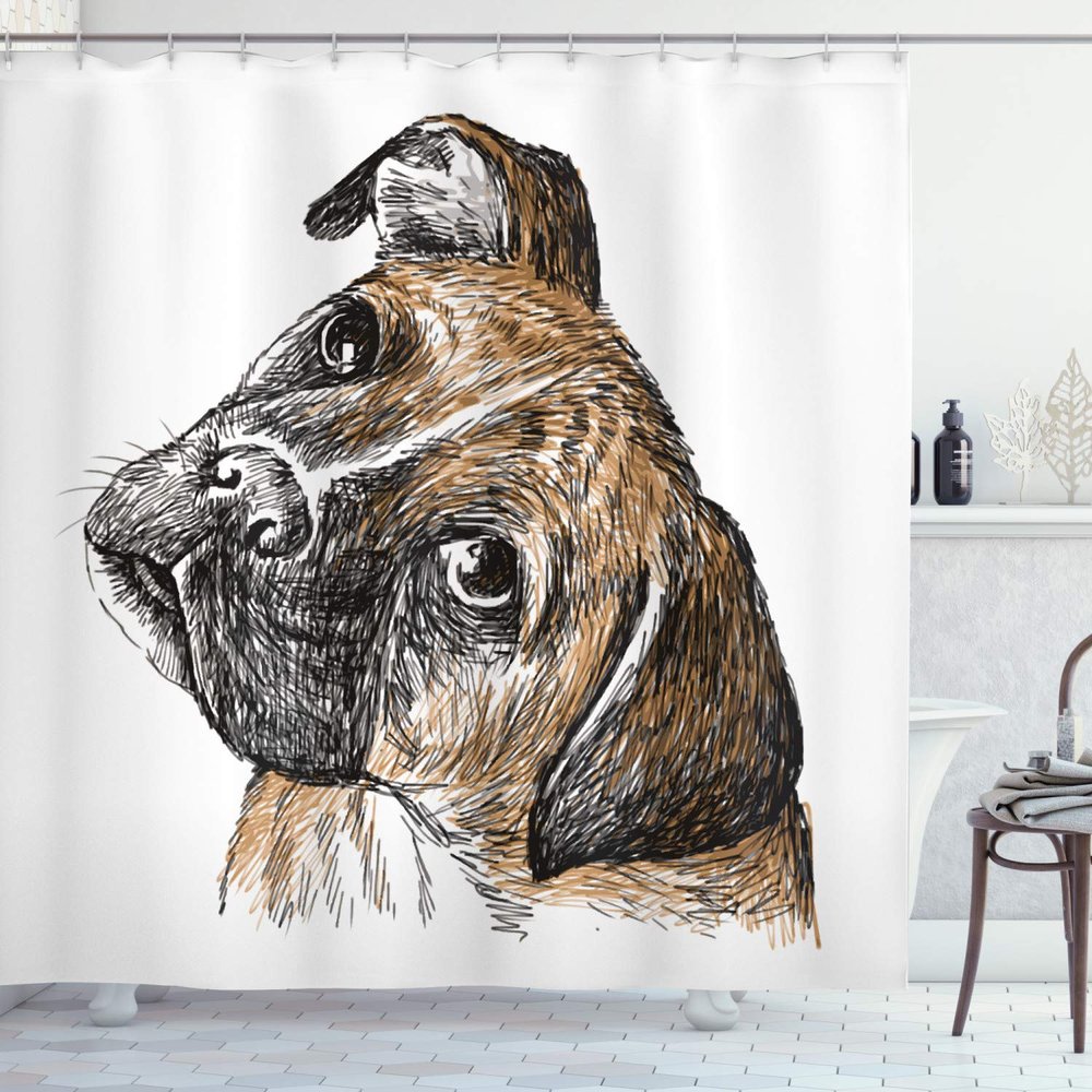 Ambesonne Boxer Dog Shower Curtain, Sketchy Hand-Drawn Image of a Puppy Furry Domestic Pet Animal, Cloth Fabric Bathroom Decor Set with Hooks, 69" W x 84" L, Pale Brown Seal Brown