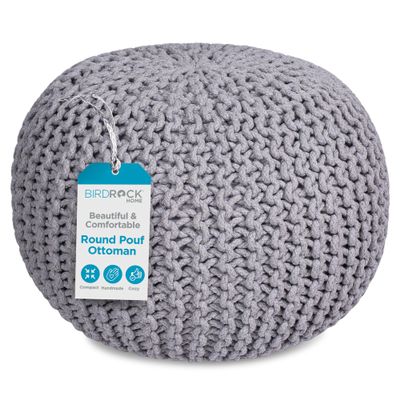 BIRDROCK HOME Round Pouf Ottoman | Cotton Braided Foot Stool with Bean Bag Filling | Boho Foot Rest for Living Room & Bedroom | Compact & Comfortable Seating, Lightweight & Soft | Light Grey